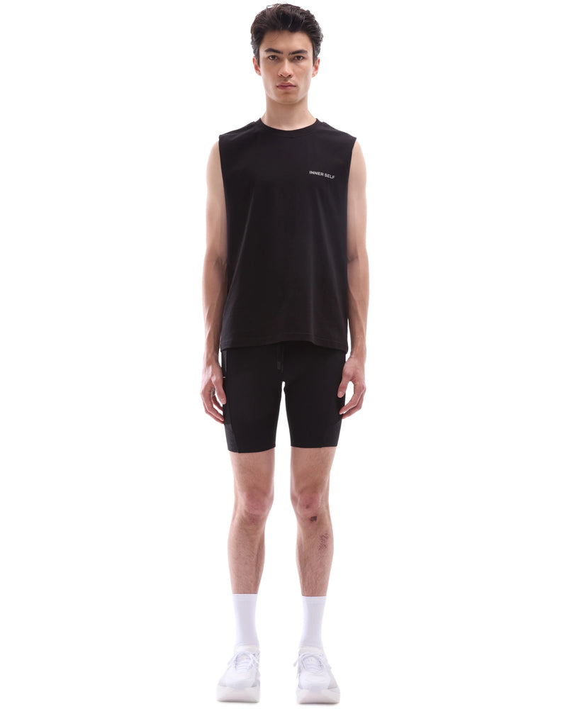 INNER SELF Running Tank in washed black — full-length view on male model