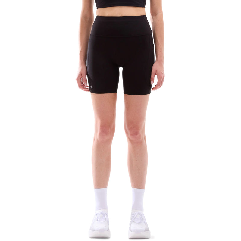 INNER SELF Women's 6.5" Half Tights High Rise W/ Pockets in black — front view on female model