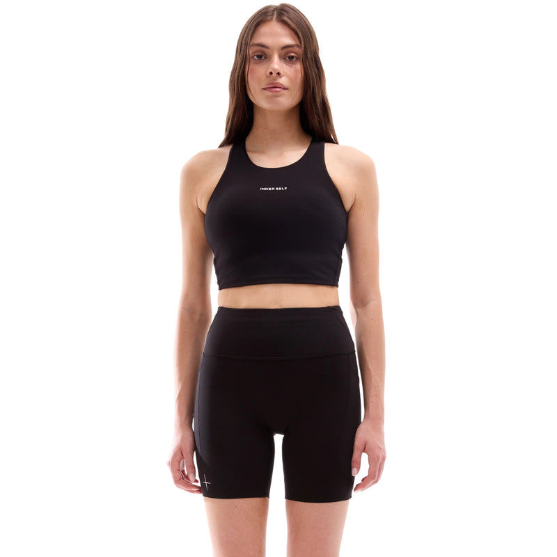 INNER SELF Women's High-Neck Running Crop in black — front view on female model