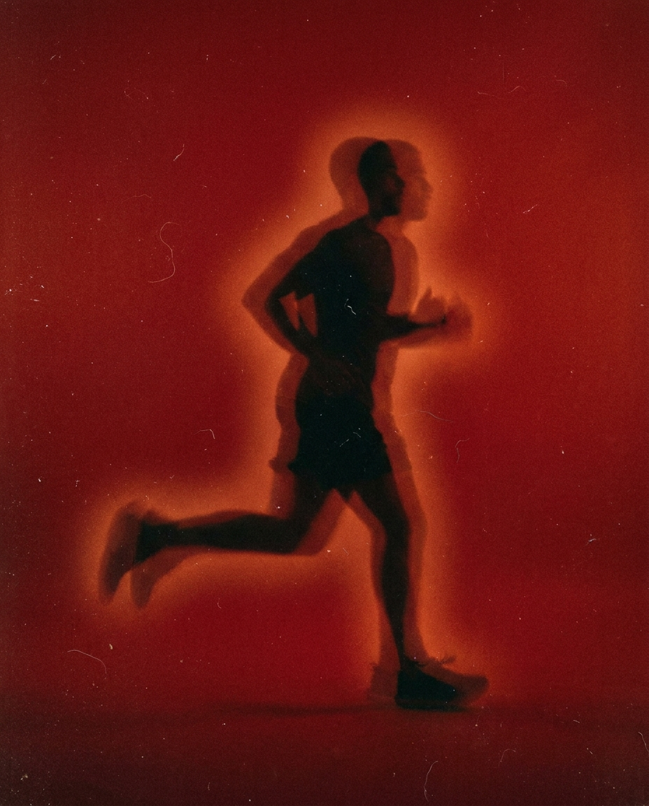 Double exposure of a running figure repeated half a stride apart against deep red