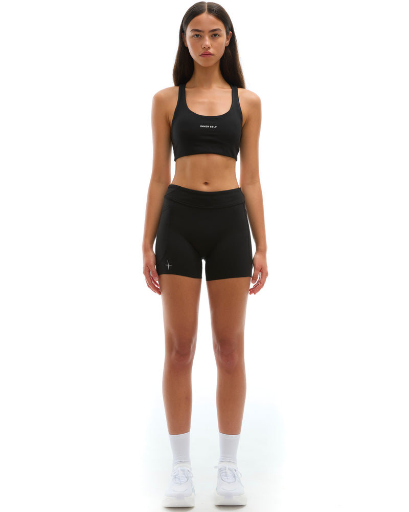 INNER SELF Women's Running Bra in black — full-length view on female model