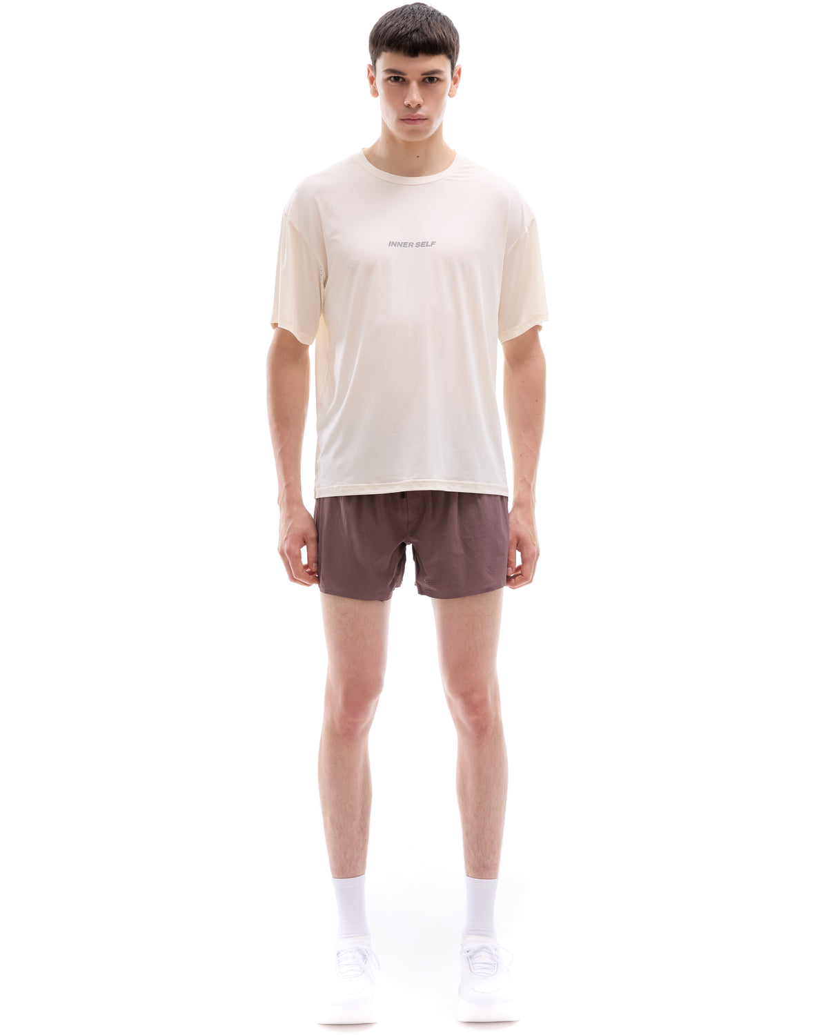 INNER SELF Men's Shorts W/ Liner in brown — full-length view on male model