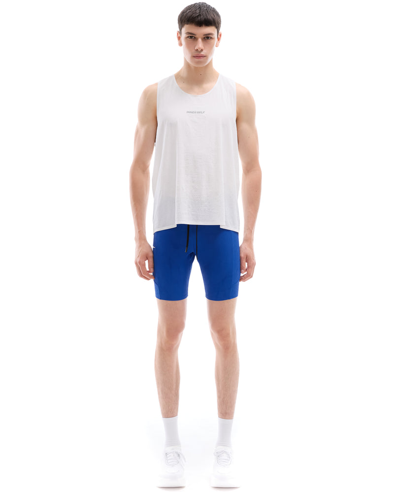 INNER SELF Men's Half Tights W/ Pockets in blue — full-length view on male model