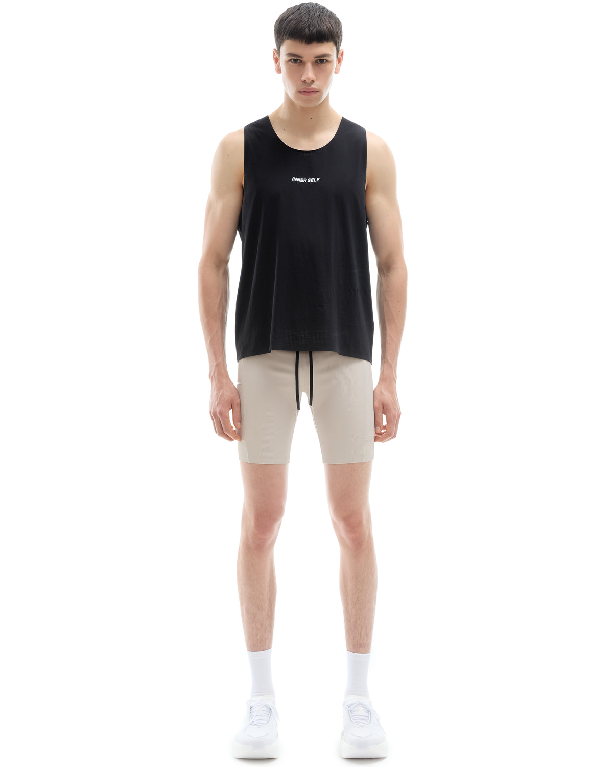 INNER SELF Men's Half Tights W/ Pockets in gray — full-length view on male model