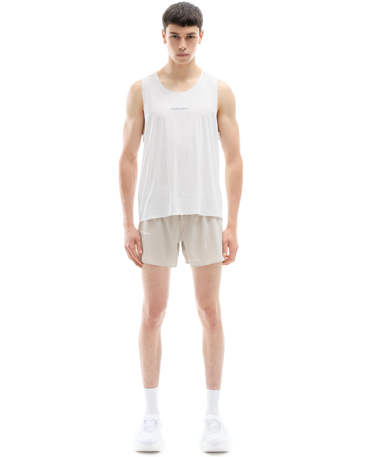 INNER SELF Men's Race Shorts in gray — full-length view on male model
