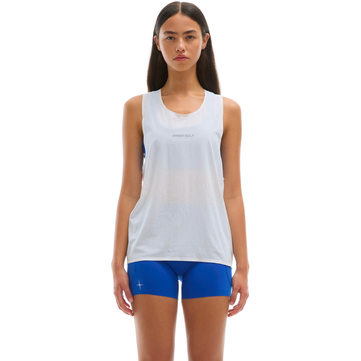 INNER SELF Performance Singlet in white — front view on female model