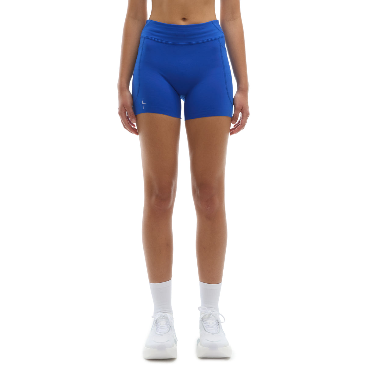 INNER SELF Women's 4" Half Tights W/ Pockets in blue — front view on female model