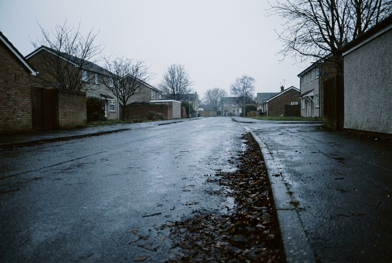Empty residential street before sunrise, wet pavement under flat grey light