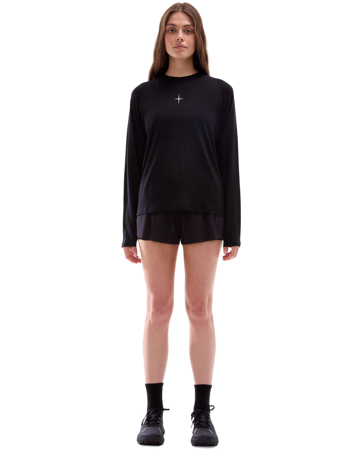 INNER SELF Lightweight Merino Running LS in black — full-length view on female model