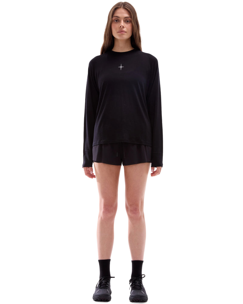 INNER SELF Lightweight Merino Running LS in black — full-length view on female model