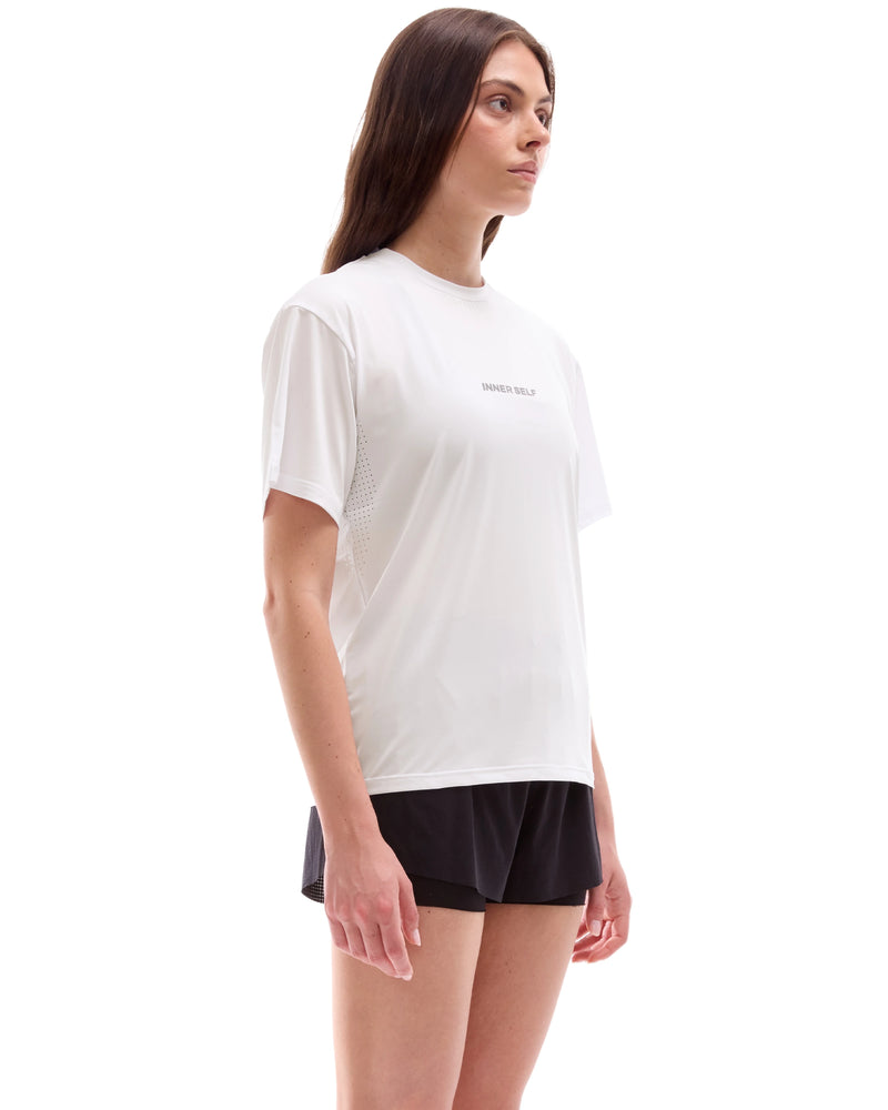 INNER SELF Performance T-shirt in off-white — three-quarter view on female model