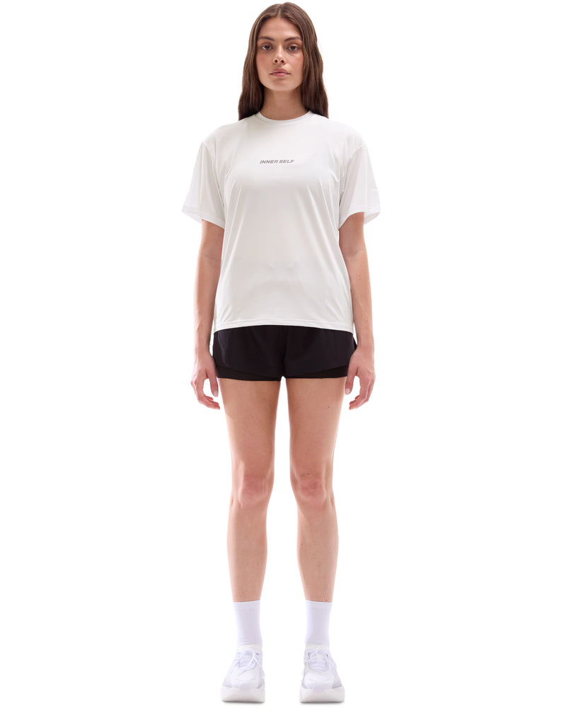 INNER SELF Performance T-shirt in off-white — full-length view on female model