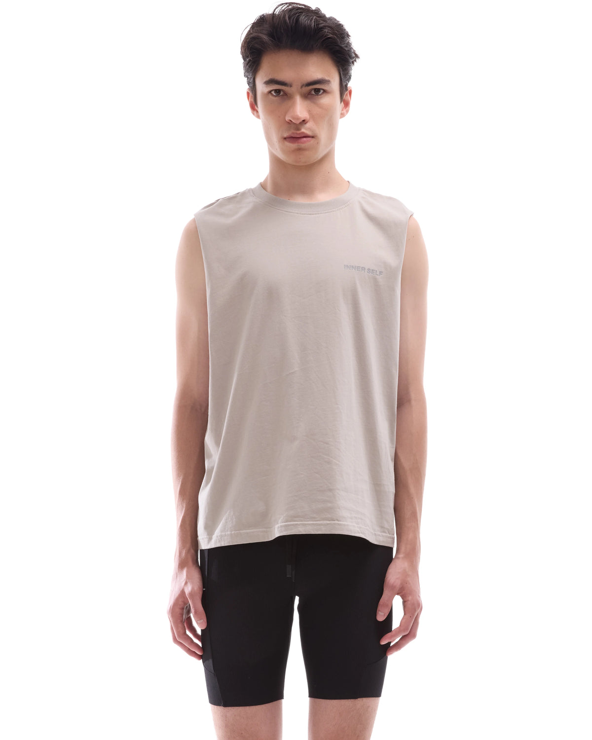 INNER SELF Running Tank in washed grey — front view on male model