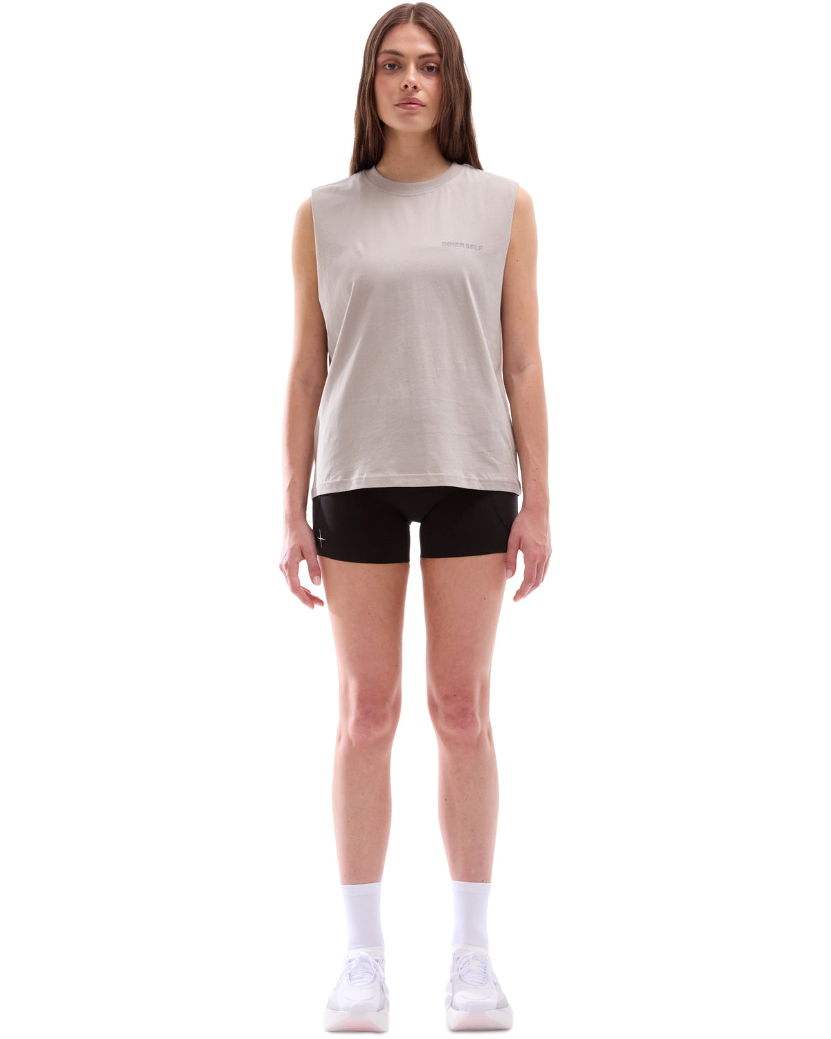 INNER SELF Running Tank in washed grey — full-length view on female model