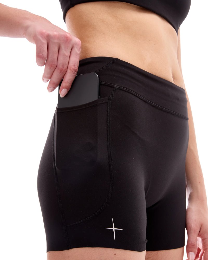 INNER SELF Women's 4'' Half Tights W/ Pockets in black — close-up detail